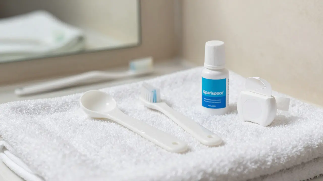 Opalescence šablony na ručníku s fluoridovou pastou a zubní nití vedle.