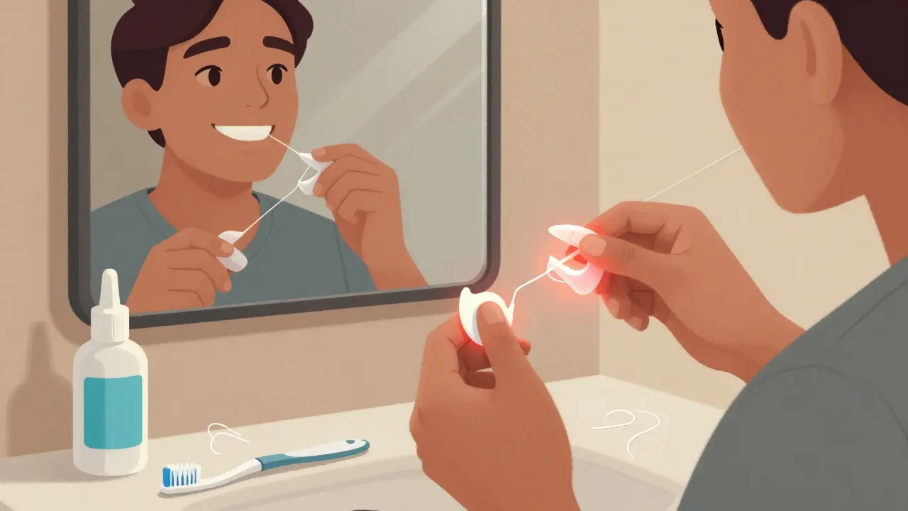 Osoba používá zubní nit a ústní vodu pro prevenci zubního kamene