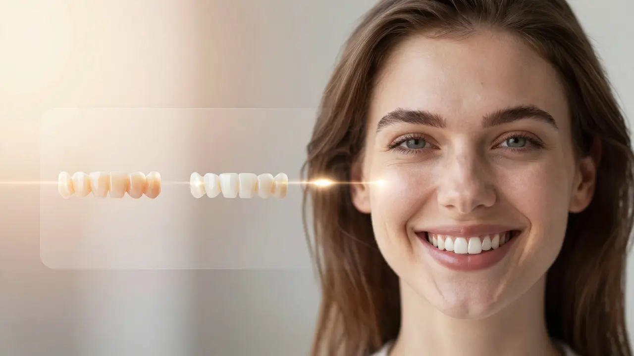 Pacient se usmívá s veneery, za ním je přechod od původních zubů k dokonalému výsledku.