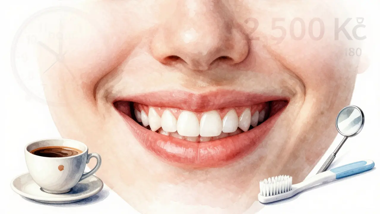 Patient smiling after composite veneers with subtle symbols of time, cost, and care.