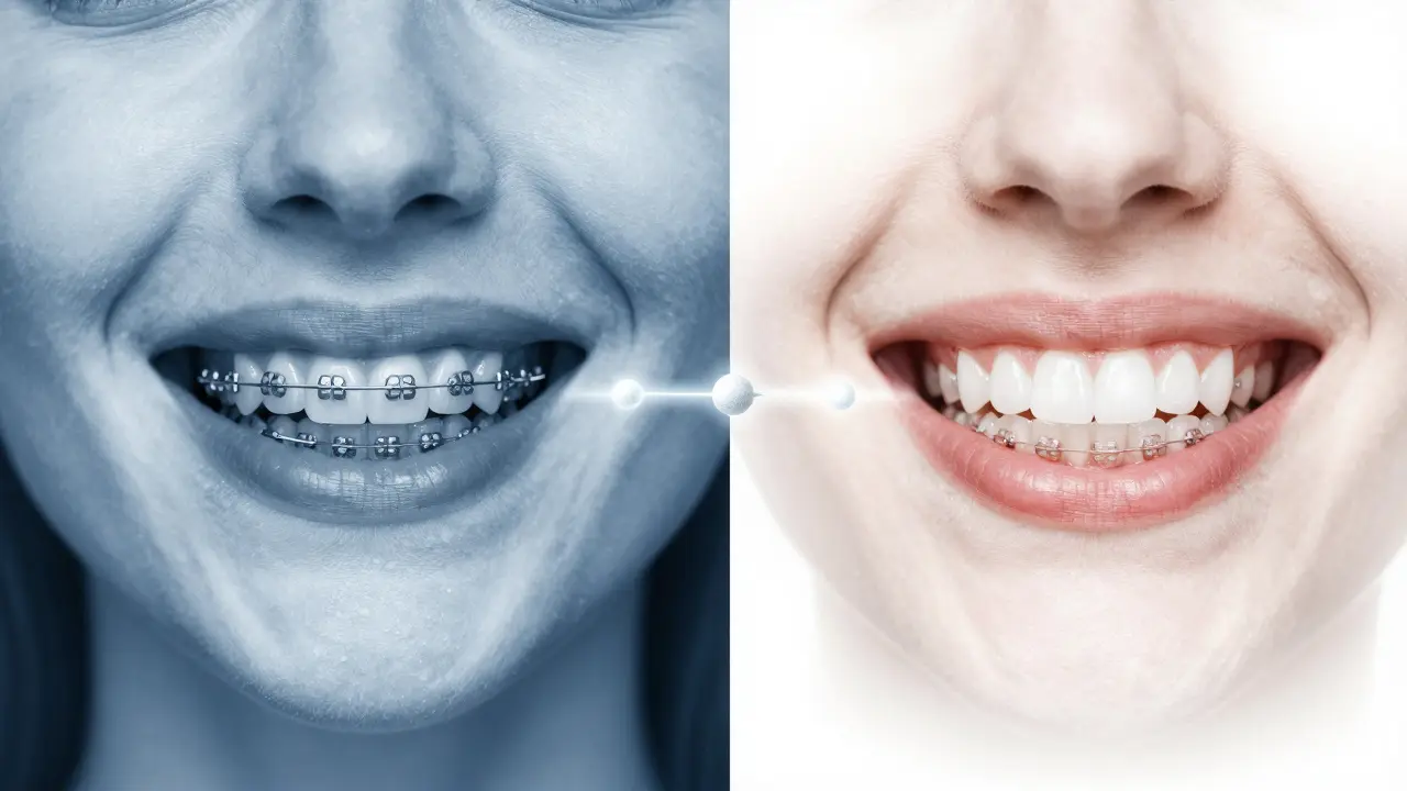 Porovnání dvou scén: zuby s nerovnoměrnými skvrnami po sundání rovnátek a rovnoměrně bílé zuby po běžném vybělování během léčby.