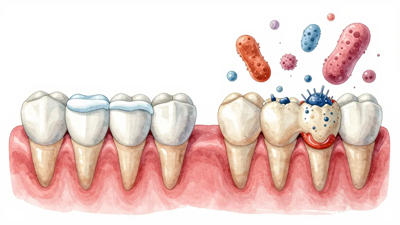 Porovnání zdravých zubů s fluoridem a zubů pokrytých zubním kamenem.