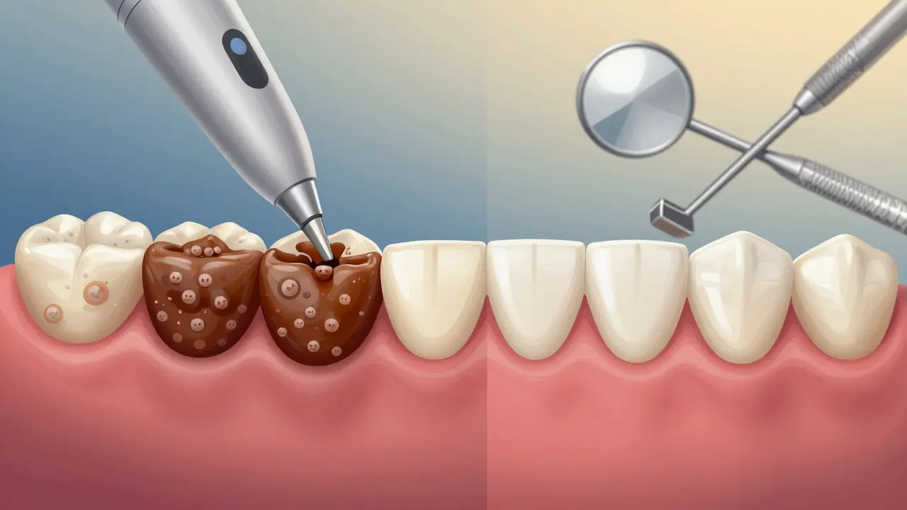 Porovnání zubního kamene a čistých zubů v rozdělené scéně.