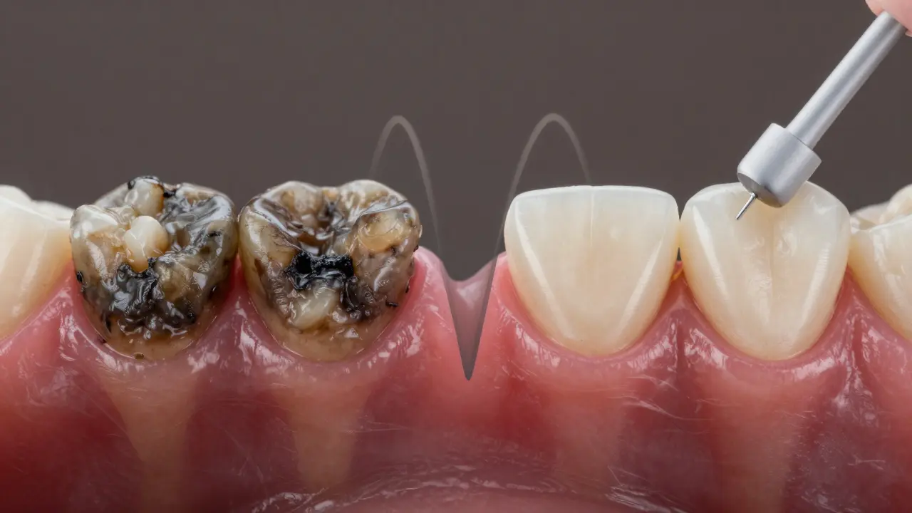 Porovnání zubu s zubním kamenem a po ultrazvukovém čištění – zdravé dásně a čistý zub vpravo.