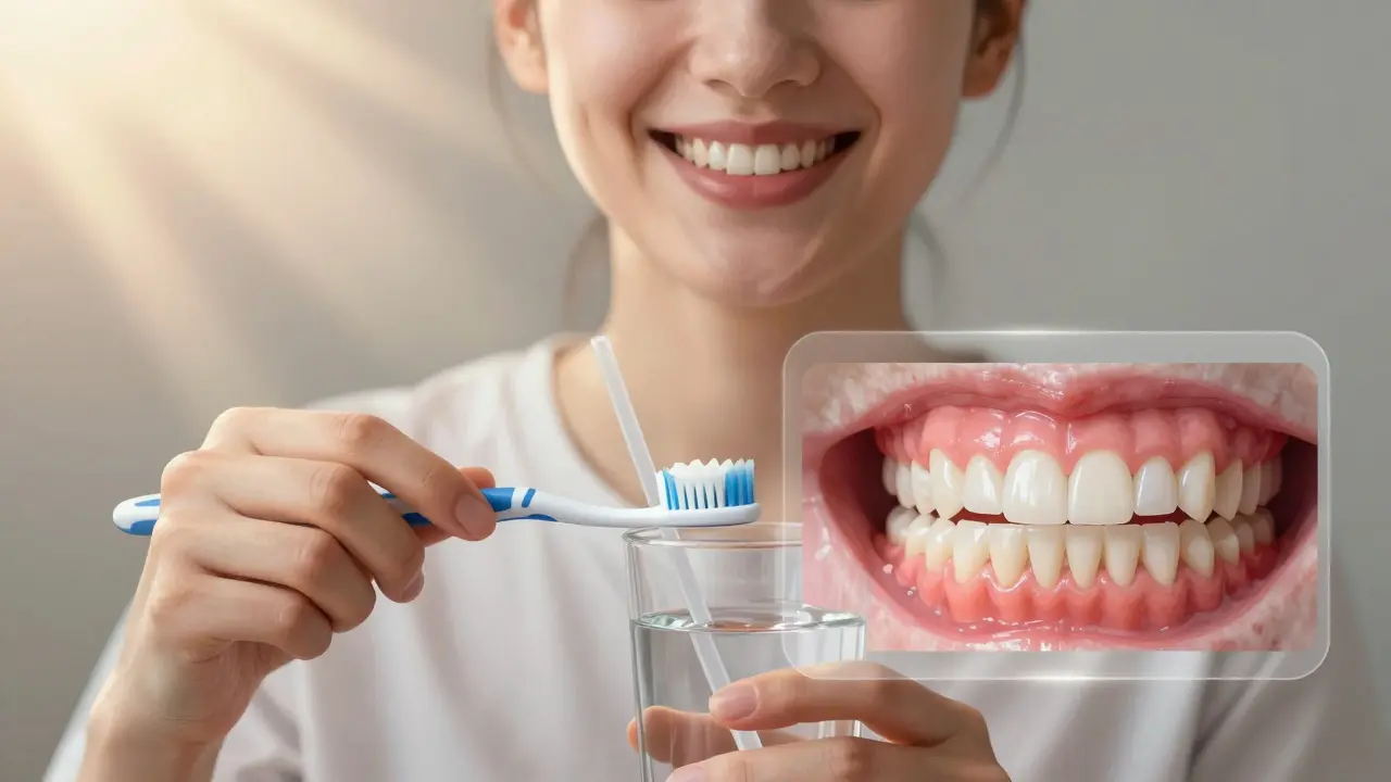 Před a po srovnání zdravých a poškozených zubů, kdy člověk pije vodu skrz slámu a směje se s úsměvem.