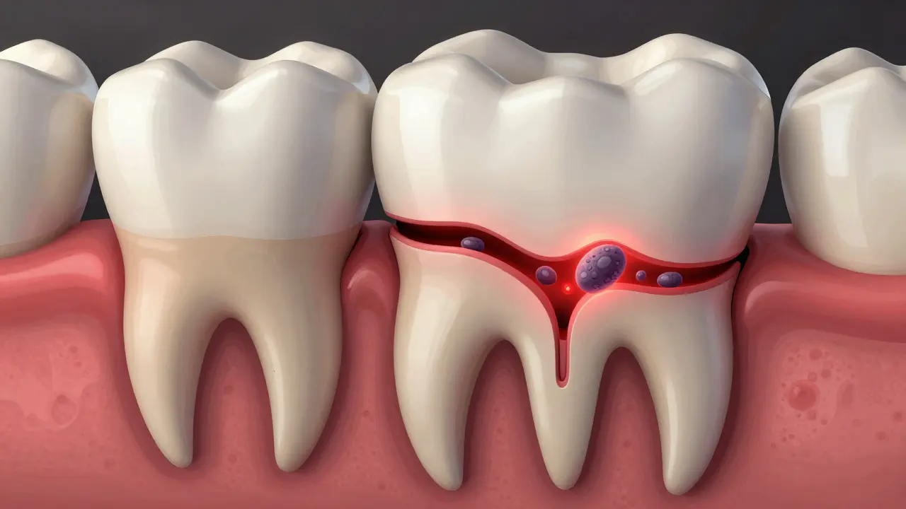 Řez zubem s hlubokou prasklinou, která proniká do dřeně, s bakteriemi vstupujícími dovnitř.