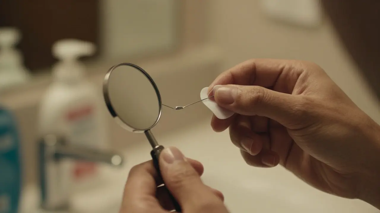 Ruka aplikuje ortodontický vosk na zlomený drátek zubního drátu v koupelně.