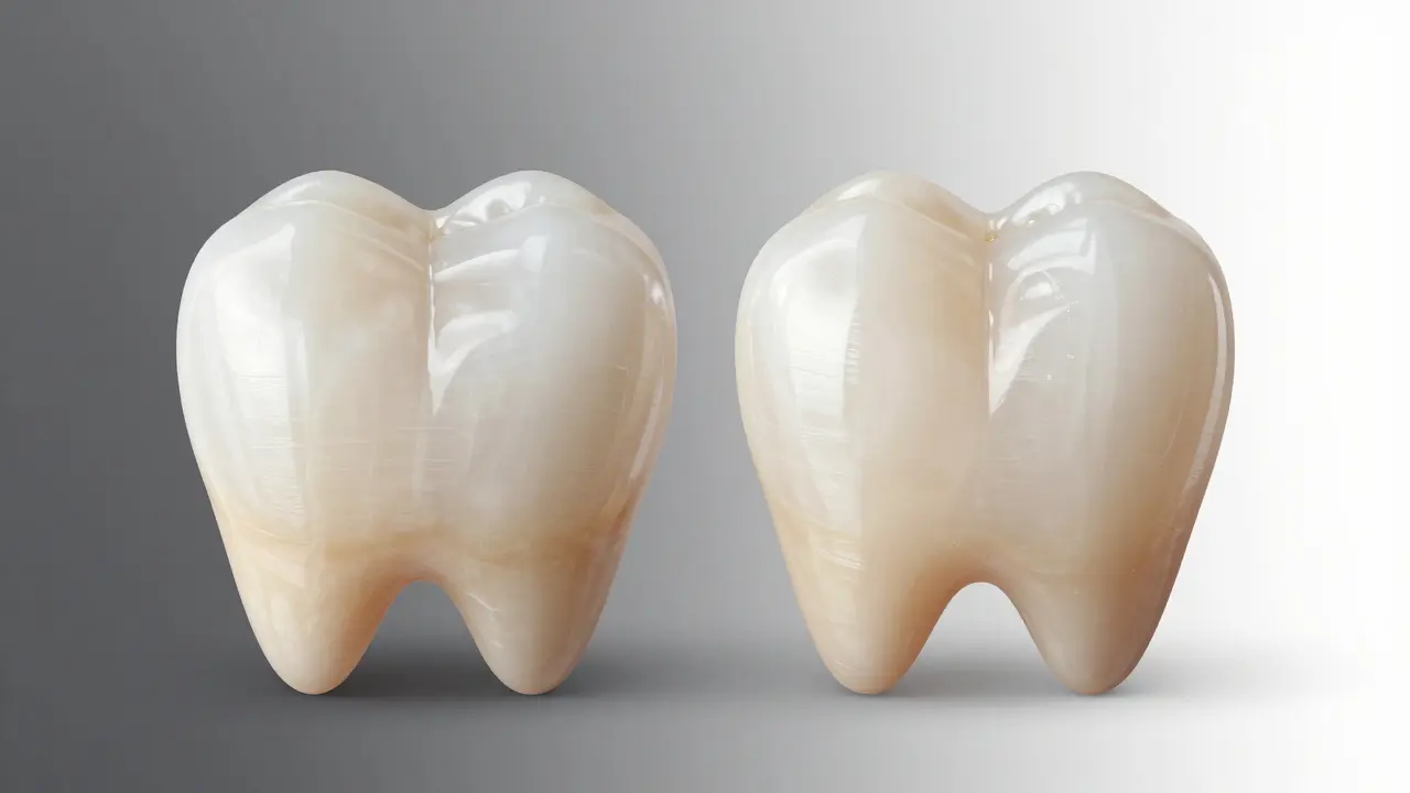 Side-by-side comparison of low-quality and premium composite veneers on front teeth.