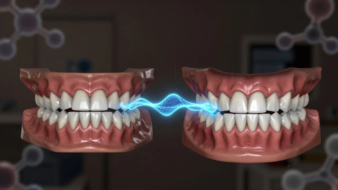 Srovnání úzké a rozšířené čelisti s rozložením zubů po genové terapii.