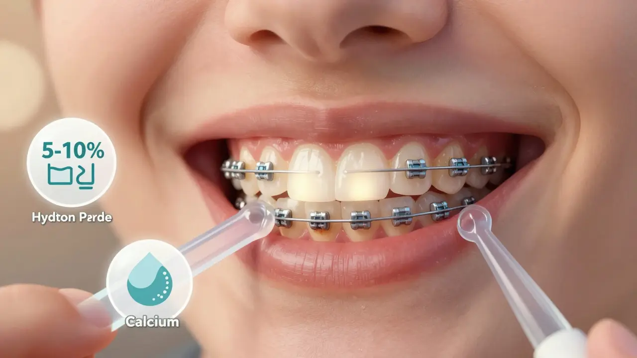 Světlé zuby s tmavými skvrnami pod zámkovými částmi, aplikace bezpečného vybělujícího gelu.