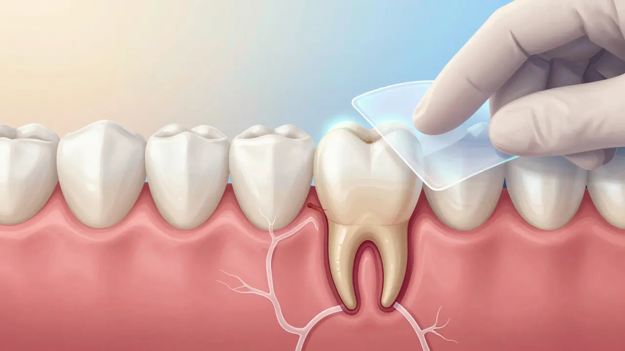 Vědecká ilustrace vystaveného zubního důlku s průhlednými kanálky vedoucími k nervu, zatímco se aplikuje fluoridový gel.