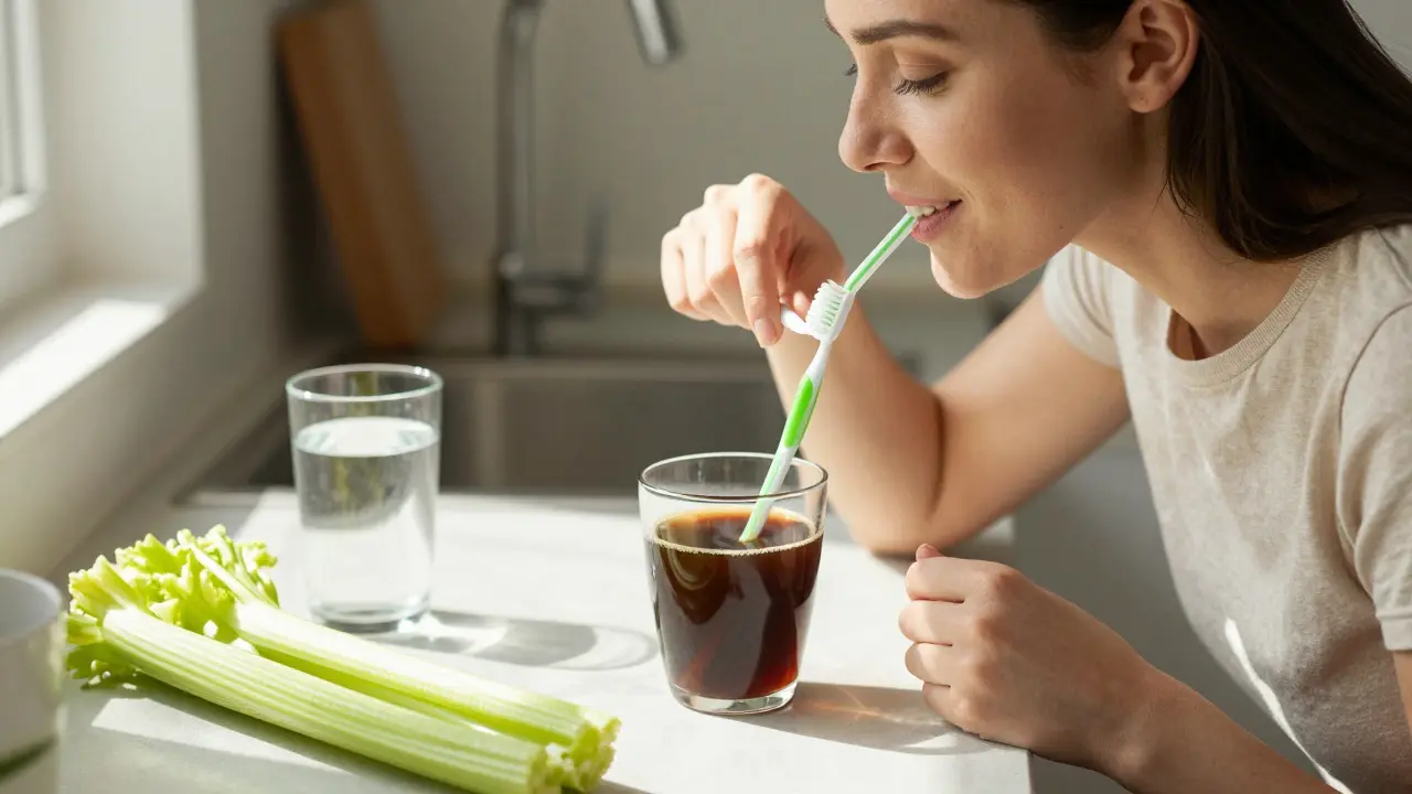 Žena pije kávu přes sláčku a čistí si zuby měkkým kartáčkem.