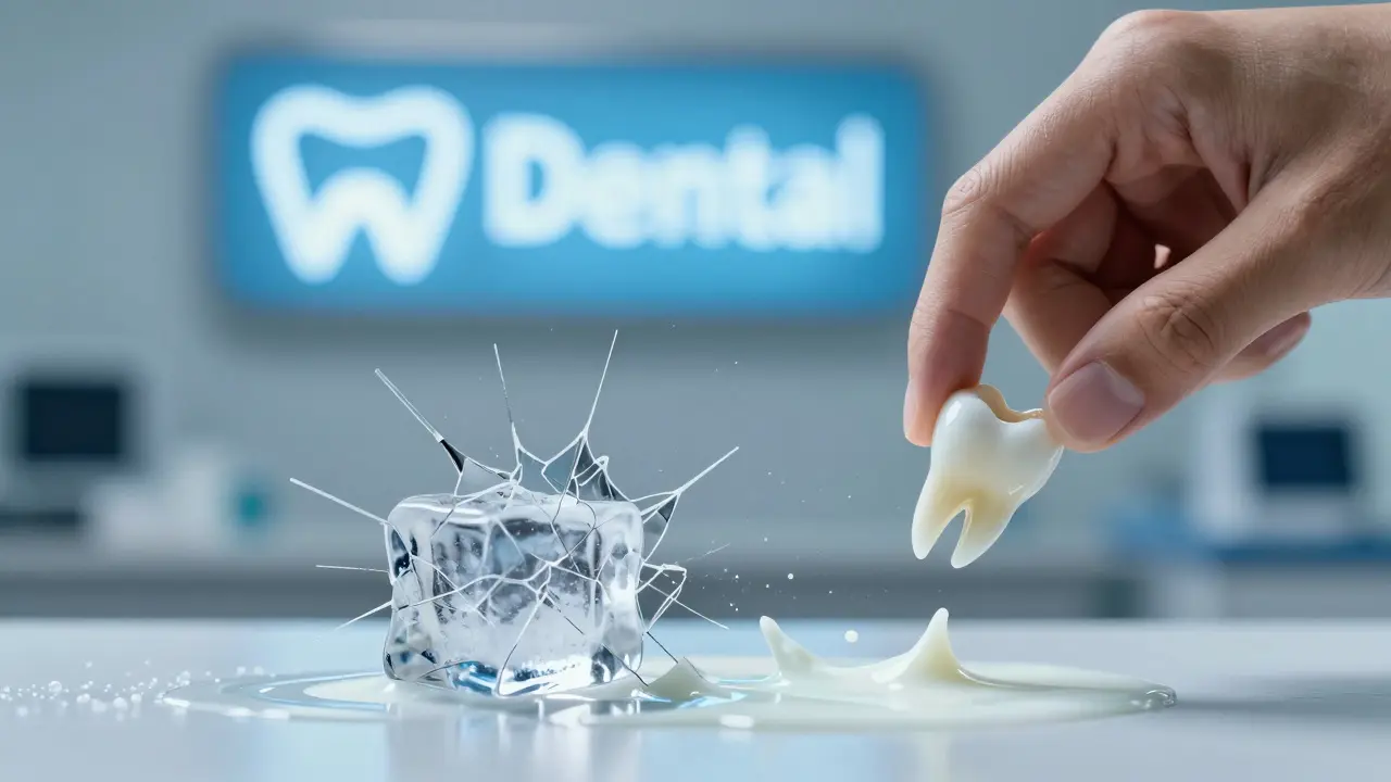 Zlomený kousek zubu zachycený v mléce, vedle něj prasklý led, v pozadí zubní klinika.