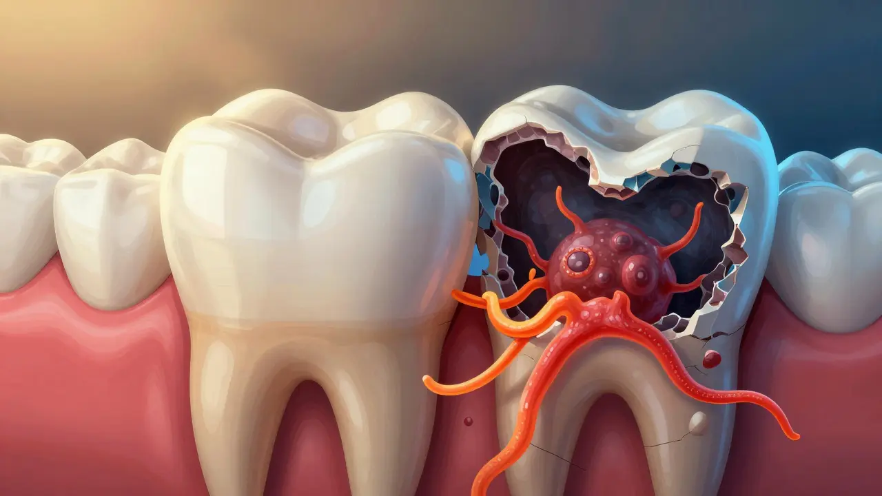 Zub s porovnáním zdravé sklovinové vrstvy a rozkládajícího se zubu pod útokem kyseliny.