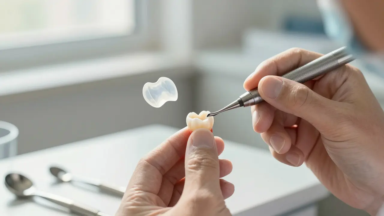 Zubař jemně obroušuje zub před aplikací keramického veneeru.