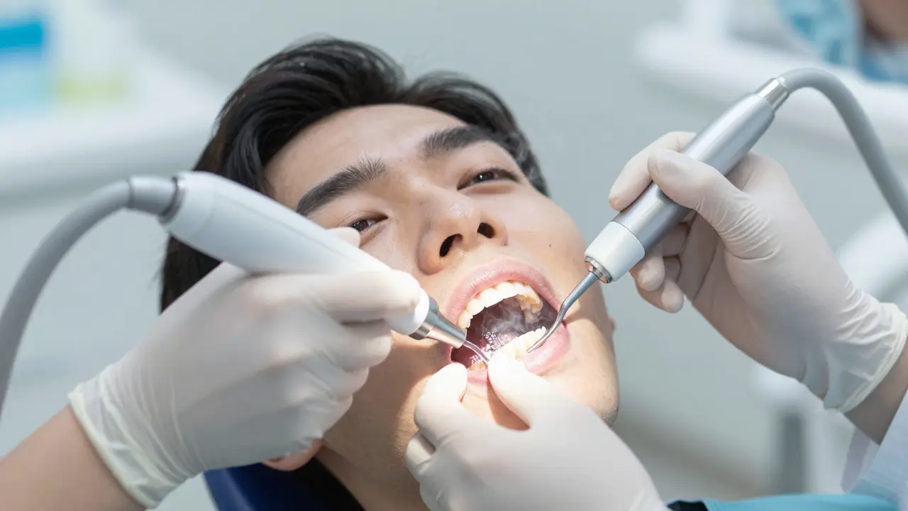 Zubní hygienička odstraňuje zubní kámen ultrazvukovým nástrojem.