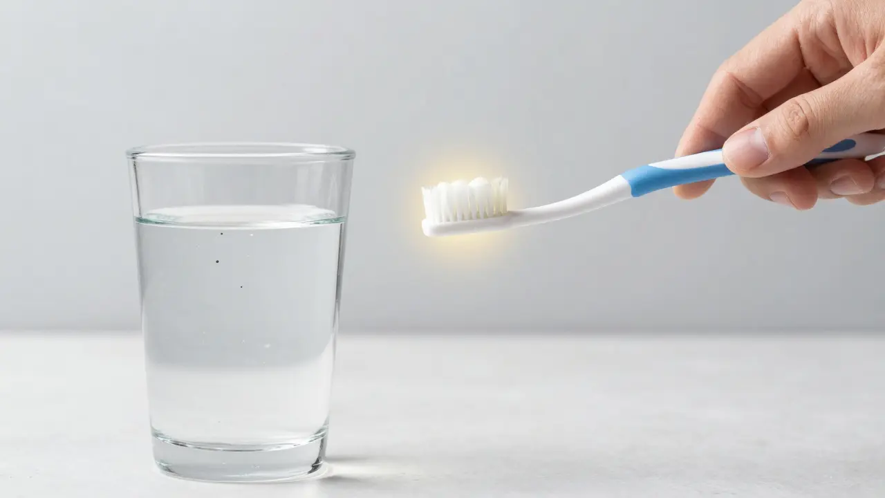 Zubní kartáček a sklenice vody s bakteriemi se rozpouštějícími do vody.