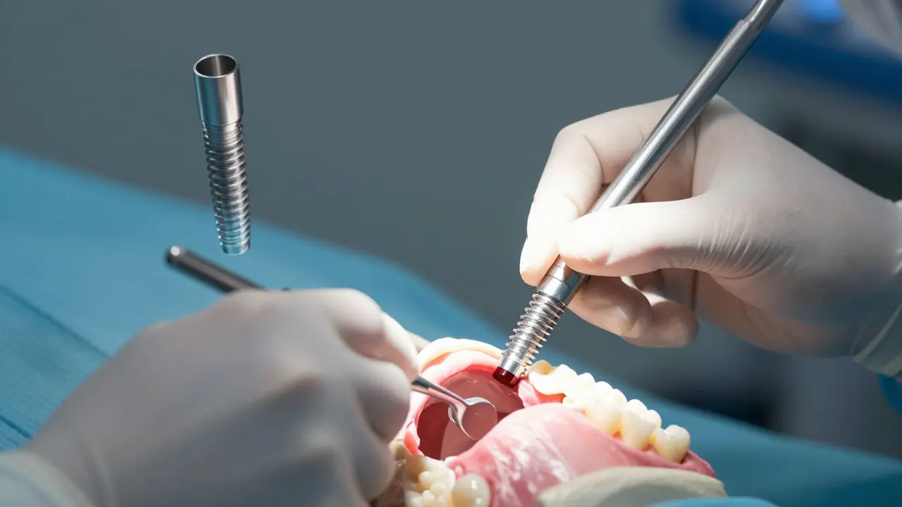 Zubní lékař instaluje implantát do čelisti.