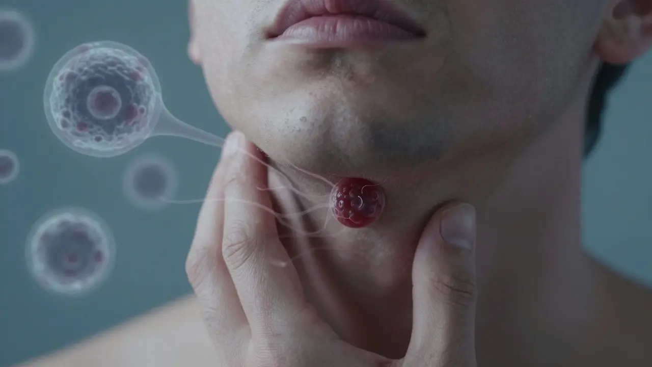 Zvětšená lymfatická uzlina pod čelistí s jemnými vize rakovinových buněk.