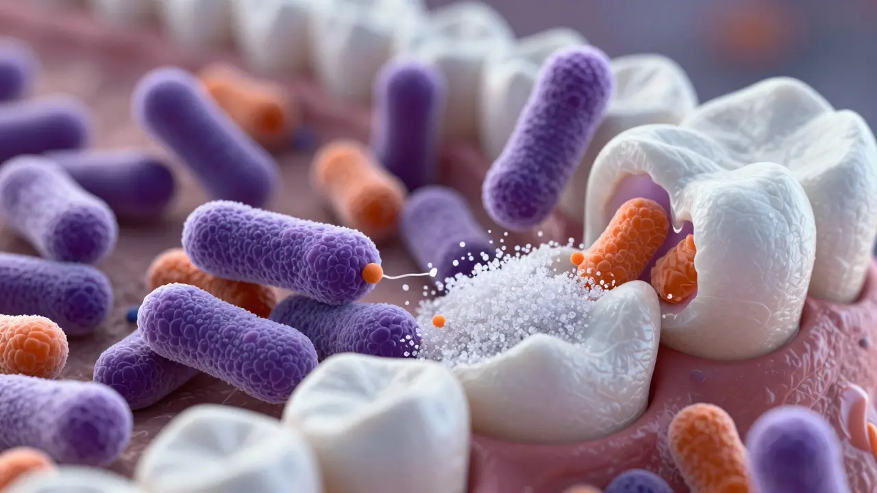 Abstraktní ilustrace baktérií produkujících kyselinu uvnitř ústní dutiny