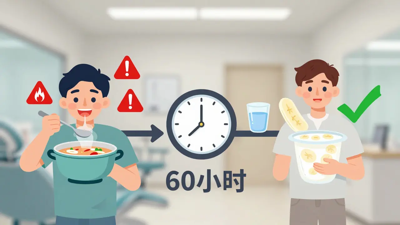 Chronologická ilustrace správné a špatné stravy po kyretáži zubů.