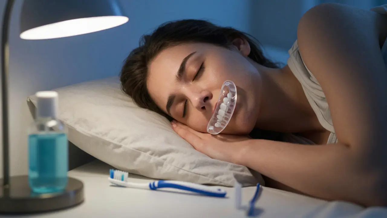 Člověk spí s noční ochrannou štětinou, na nočním stolku leží kartáček, nit a bezalkoholický ústní vodík.