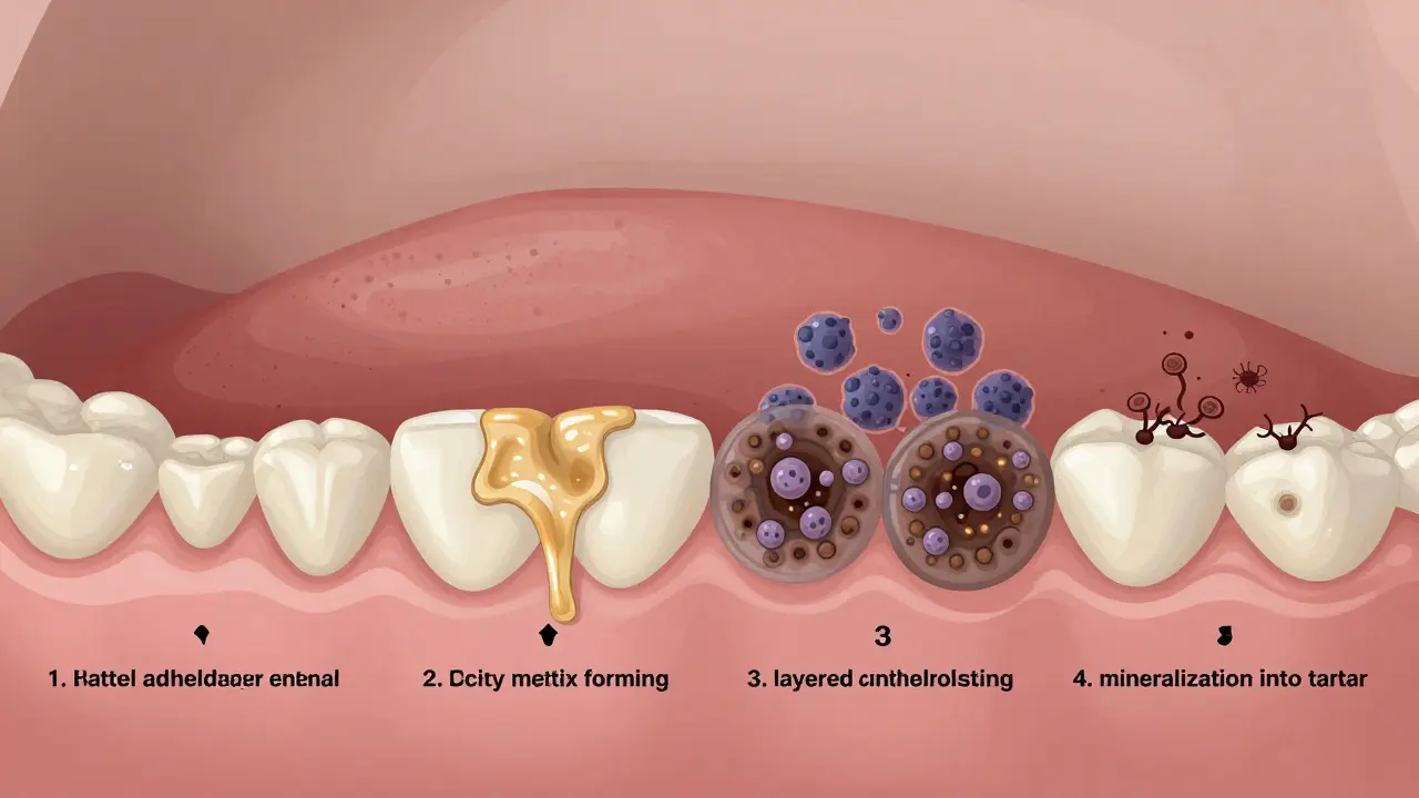 Čtyřstupňový vývoj zubního plaku od bakterií až po zubní kámen.