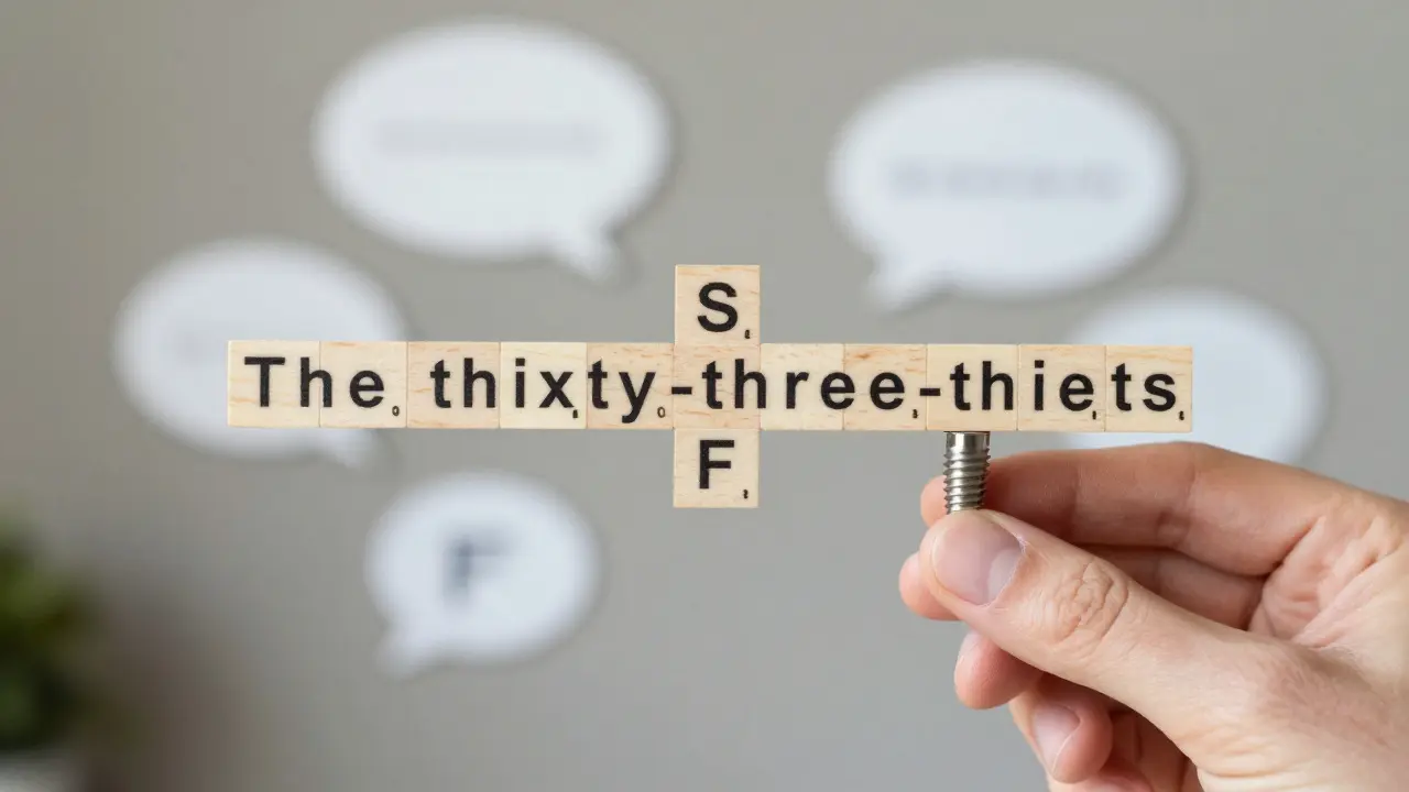 Dental implantát vedle věty s chybějícími zvuky 'S', 'TH', 'F' jako symbol obnovení řeči.