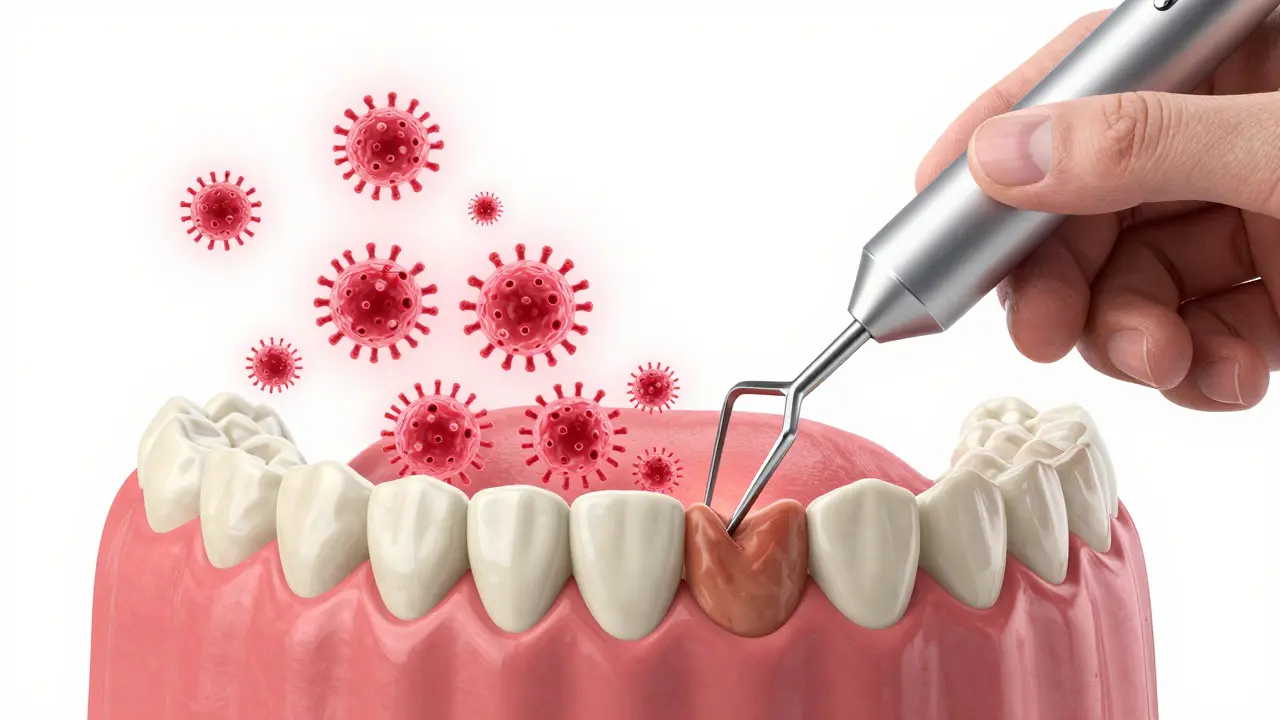 Dentální nástroj odstraňující kámen pod dásní s viditelnými bakteriemi.