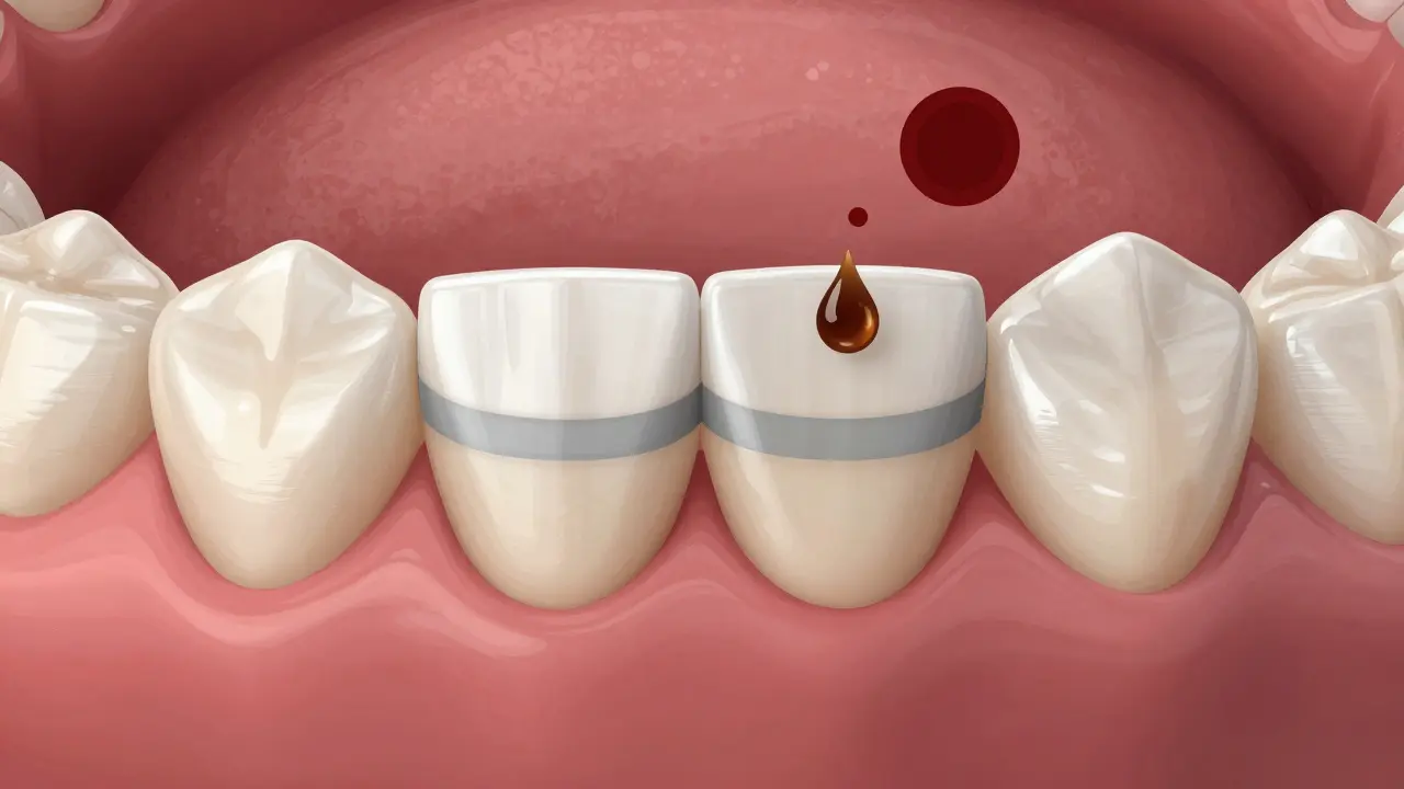 Detail zubu s fazetou a šedivým prstenem kolem hranice, způsobeným znečištěním lepidla od kávy a červeného vína.