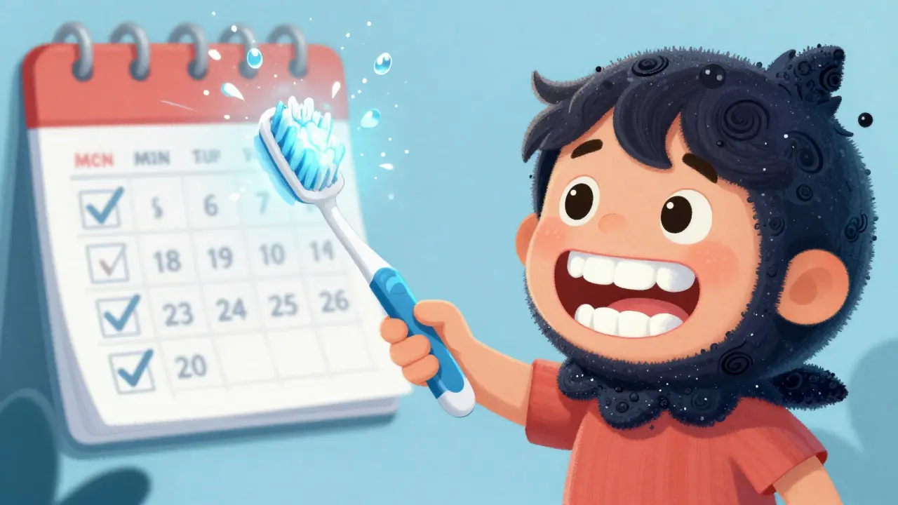 Dítě drží zubní kartáček jako kouzelný hůl a odstraňuje zubní kámen pomocí světelných kapek.