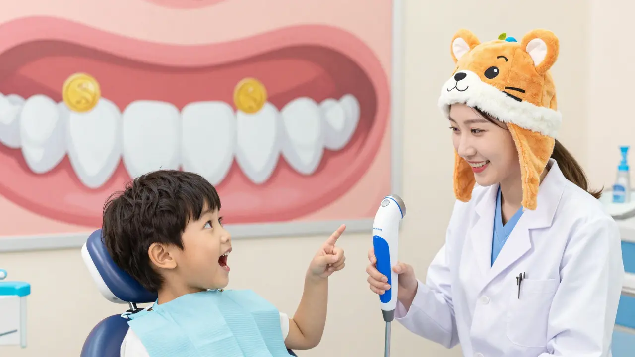 Dítě ukazuje na zubní přístroj, který vypadá jako vysavač, na pozadí kreslené zuby jako zlaté mince.