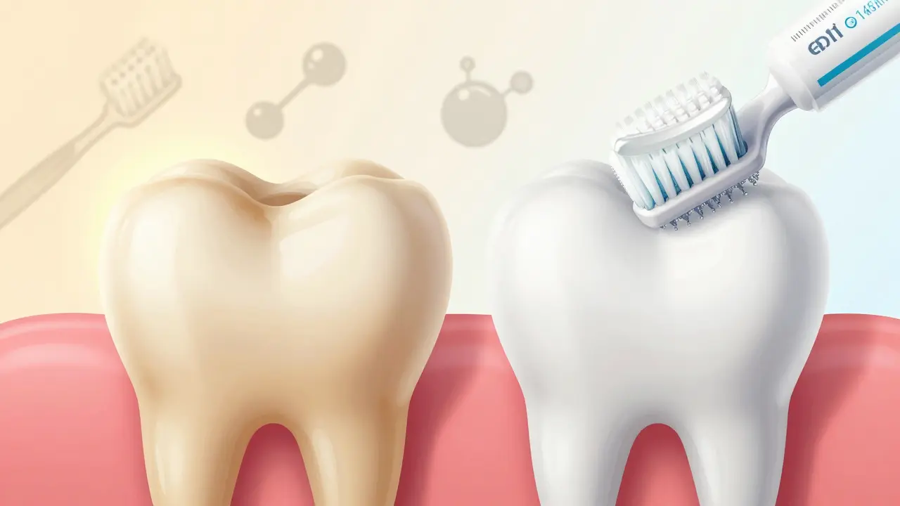 Dvě zuby: jeden se skvrnami, druhý po jemném čištění bělící pastou.