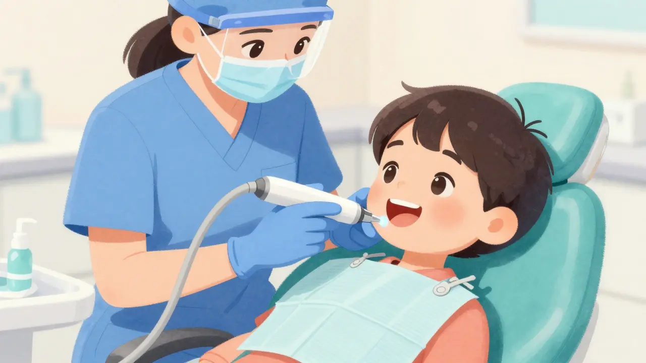 Hygienička používá ultrazvukové čištění zubů dítěte