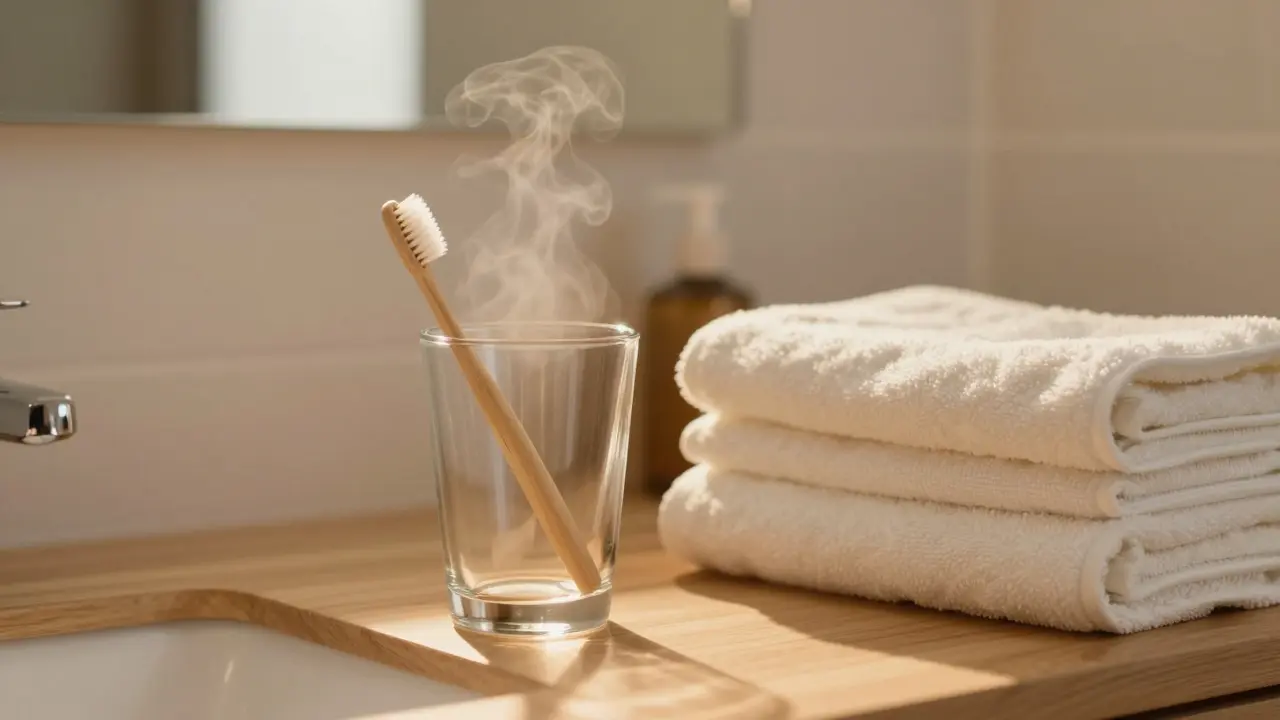 Jemné ranní rituály ústní hygieny ve světlé koupelně