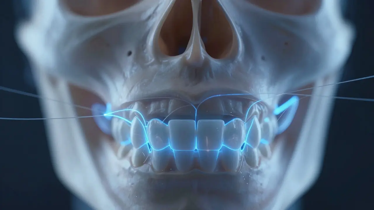 Koncepční zobrazení pohybu zubů při léčbě mezery mezi zuby.