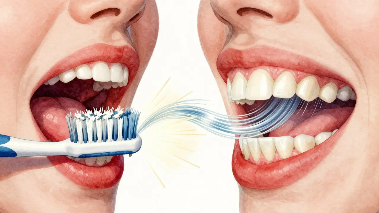 Kontrast mezi agresivním kartáčkem a jemným Curaproxem při čištění dásní.