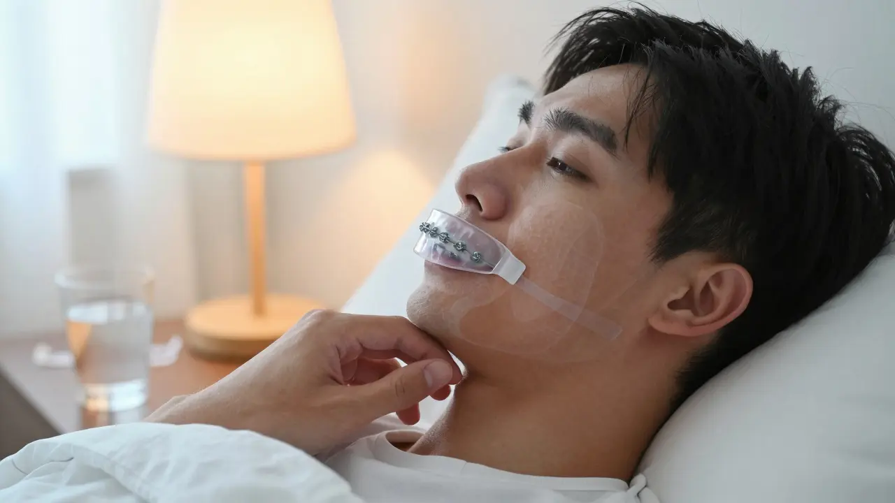 Osoba s nočním štítem a rovnátky probouzí s uvolněnou čelistí a mírným světlem ranního dne.