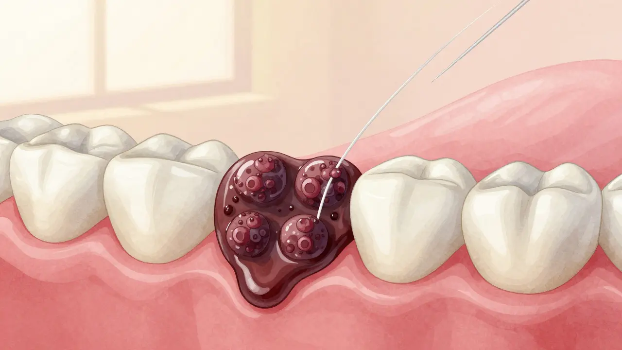 Plak mezi zuby s bakteriemi a zubní nití odstraňující nečistoty.