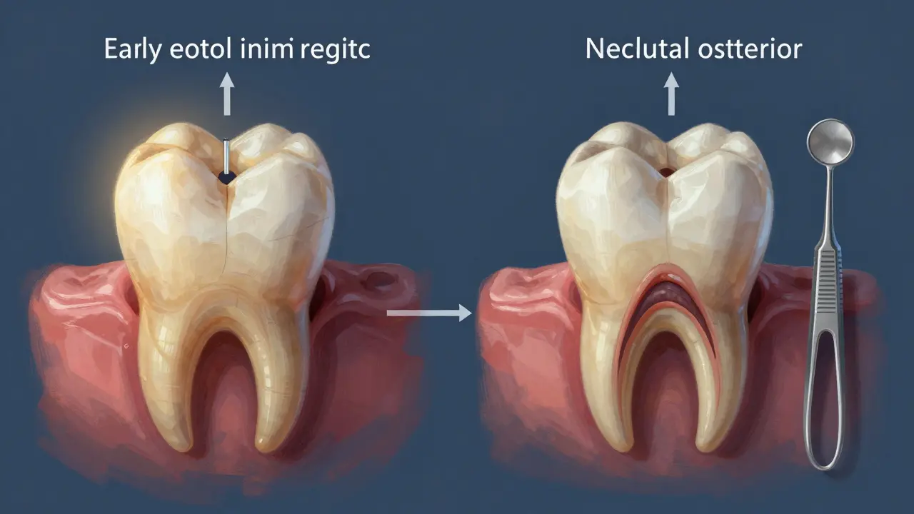 Porovnání dřívější opravy zubu kompozitem a následného rozpadu vedoucího k kořenové léčbě.