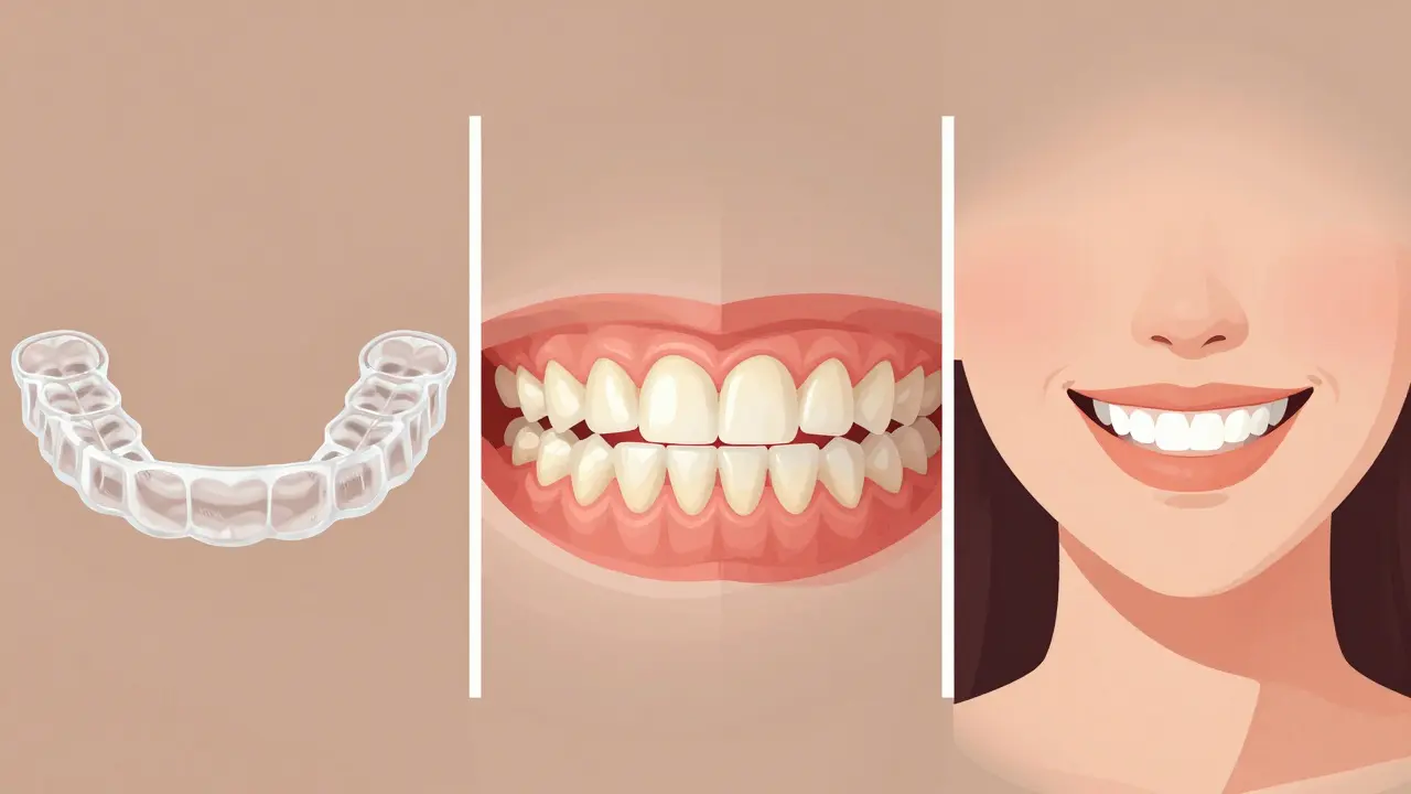 Postupné uzavření mezery mezi zuby pomocí průhledných šablon.