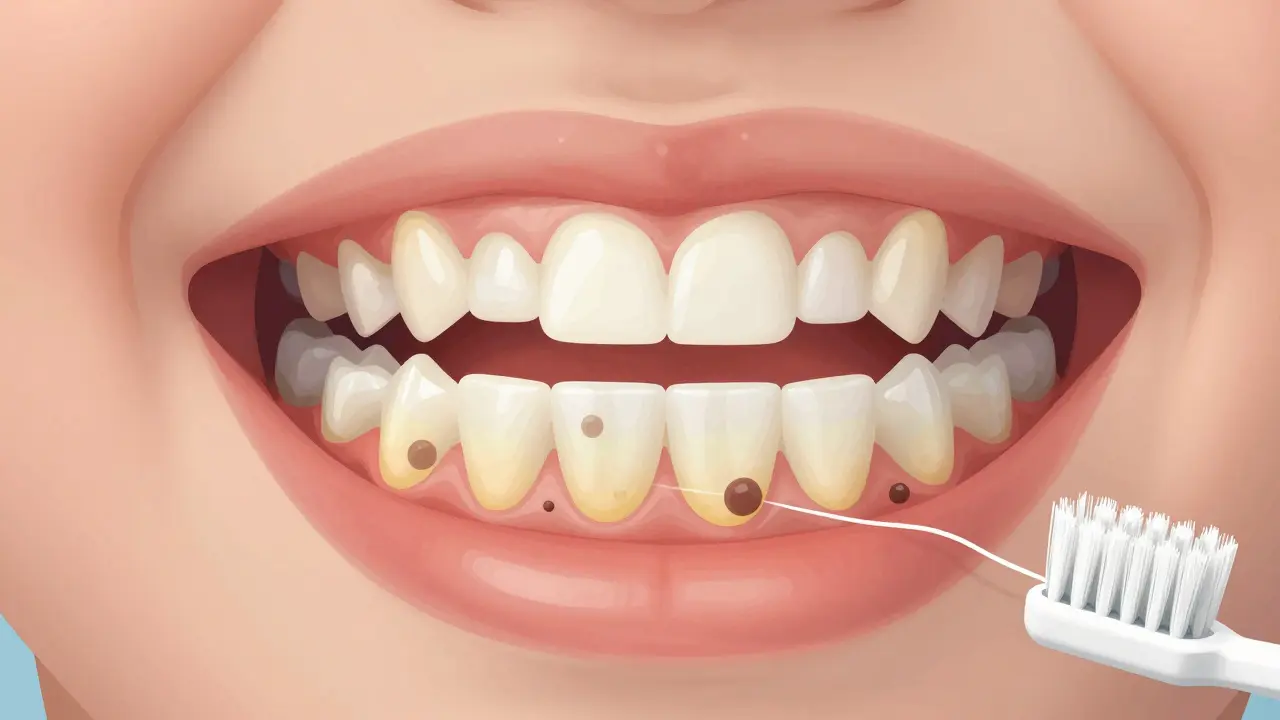 Přehled vnitřní struktury dětských zubů s postupným vznikem zubního kamene z plaku u základů zubů.