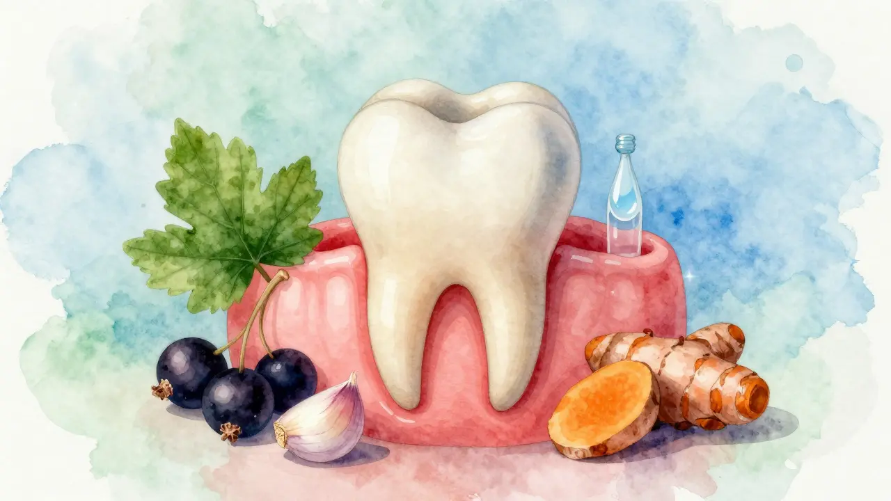 Přírodní léčivé složky okolo zubu s zánětem dásně: rybíz, česnek, kari, chlorhexidin a sůl.