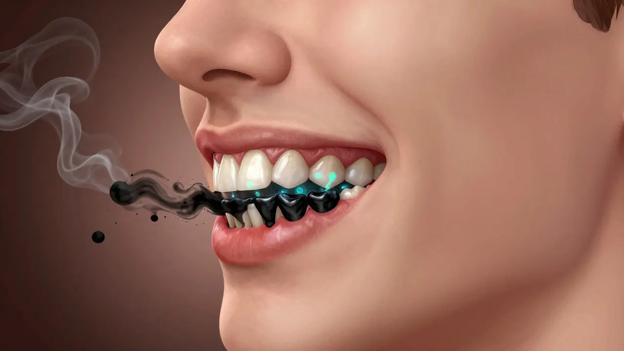 Profil úst s černým kamenem šířícím se po zubech a zčervenalými dásněmi.