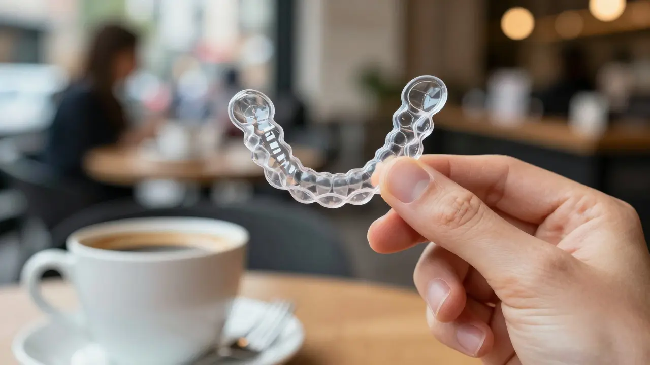 Průhledná šablona Invisalign na ruce v kavárně, symbolizující diskretní léčbu.