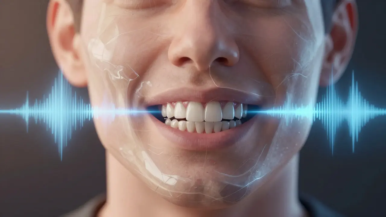 Průhledný přehled čelisti s porovnáním chybějících zubů a implantátů se zvukovými vlnami.