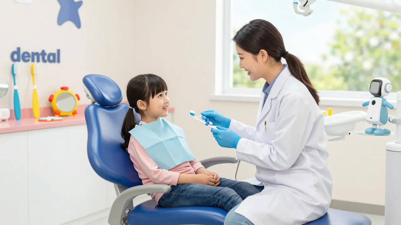 Rodič a dítě se navzájem ujišťují, zubař vysvětluje zubní kartáček jako pomocníka.