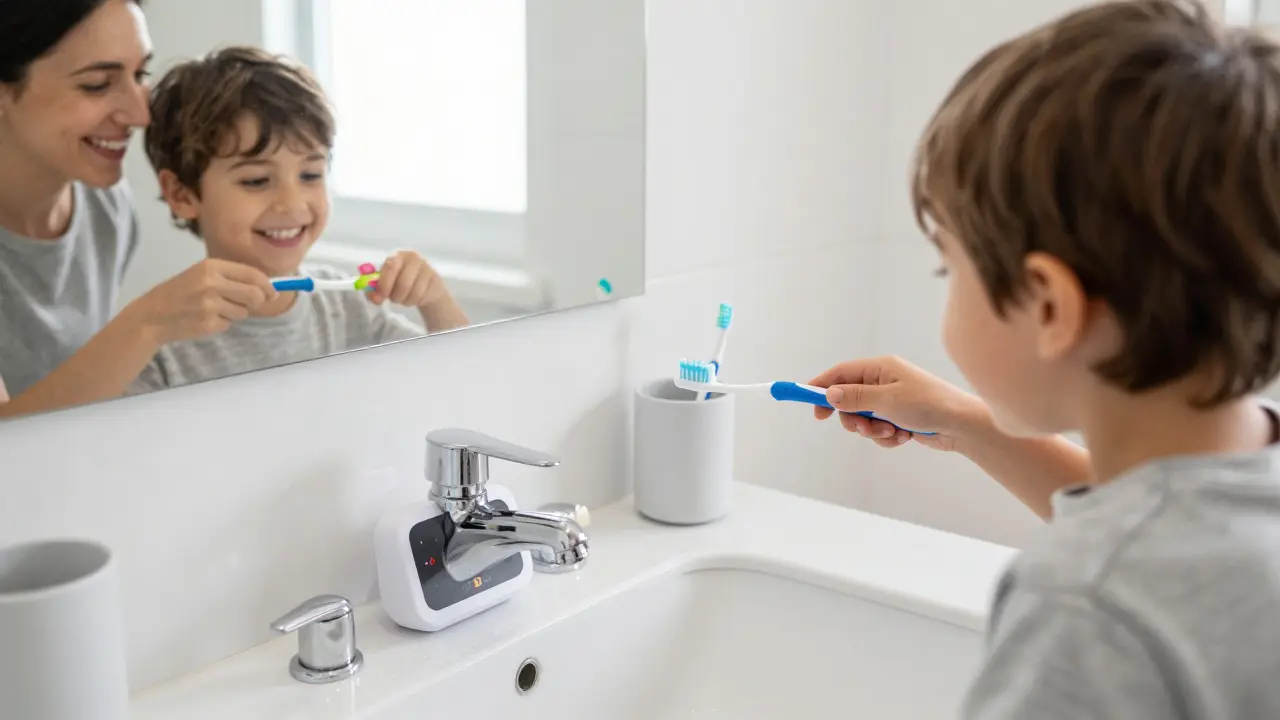 Rodič a dítě společně čistí zuby ve vaně, používají štětce s oblíbenými postavami a fluoridovou pastou.