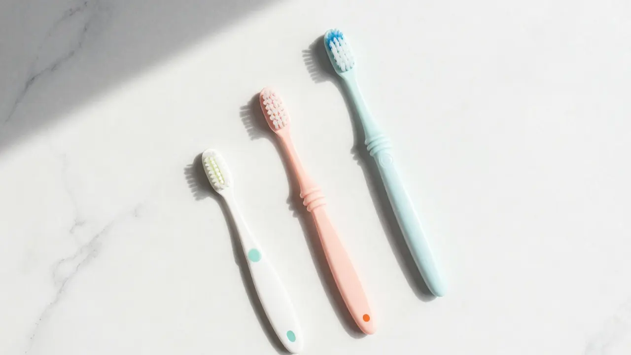 Rodinná sada různých zubních kartáčků na lavici