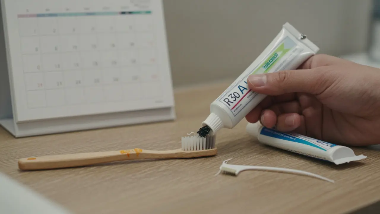 Rukou držená bělící pasta s označením RDA 130 a nový zubní kartáček na dřevěném stole.